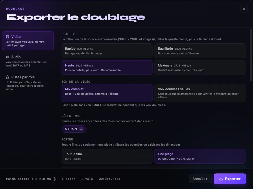 Fenêtre d’export du doublage dans Synchora avec les sorties vidéo, audio et pistes par rôle.