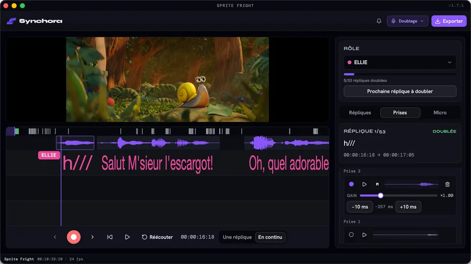Plusieurs prises d’une réplique dans Synchora, avec leurs formes d’onde et leurs réglages