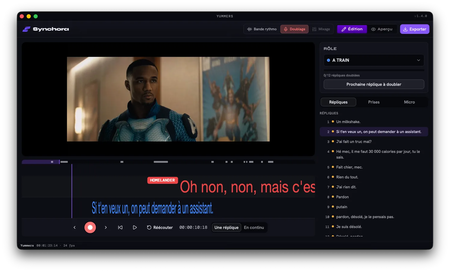 Espace Doublage de Synchora : vidéo, bande rythmo, liste des répliques du rôle et commandes d’enregistrement.