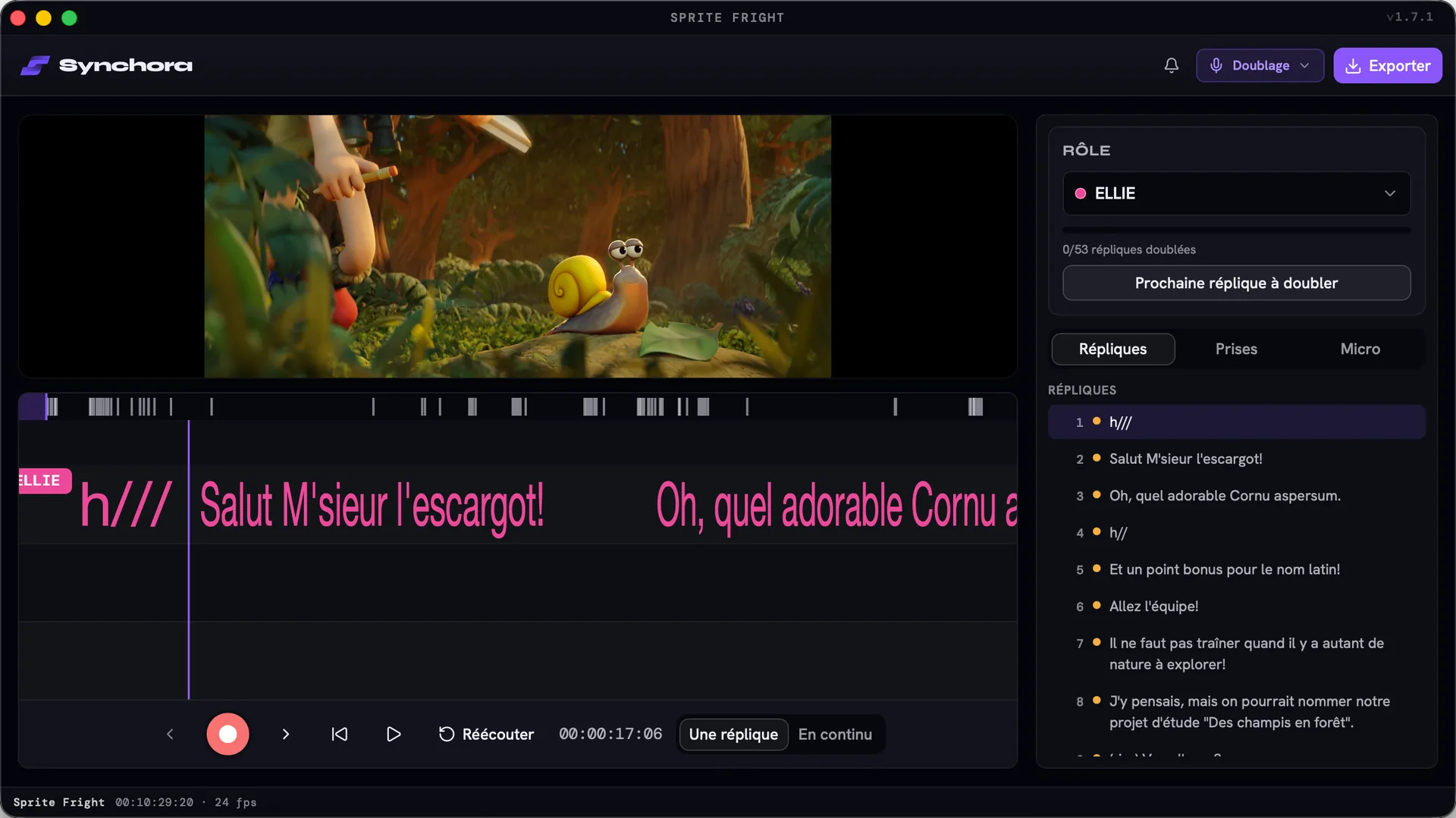 Espace Doublage de Synchora : vidéo, bande rythmo, liste des répliques du rôle et commandes d’enregistrement.