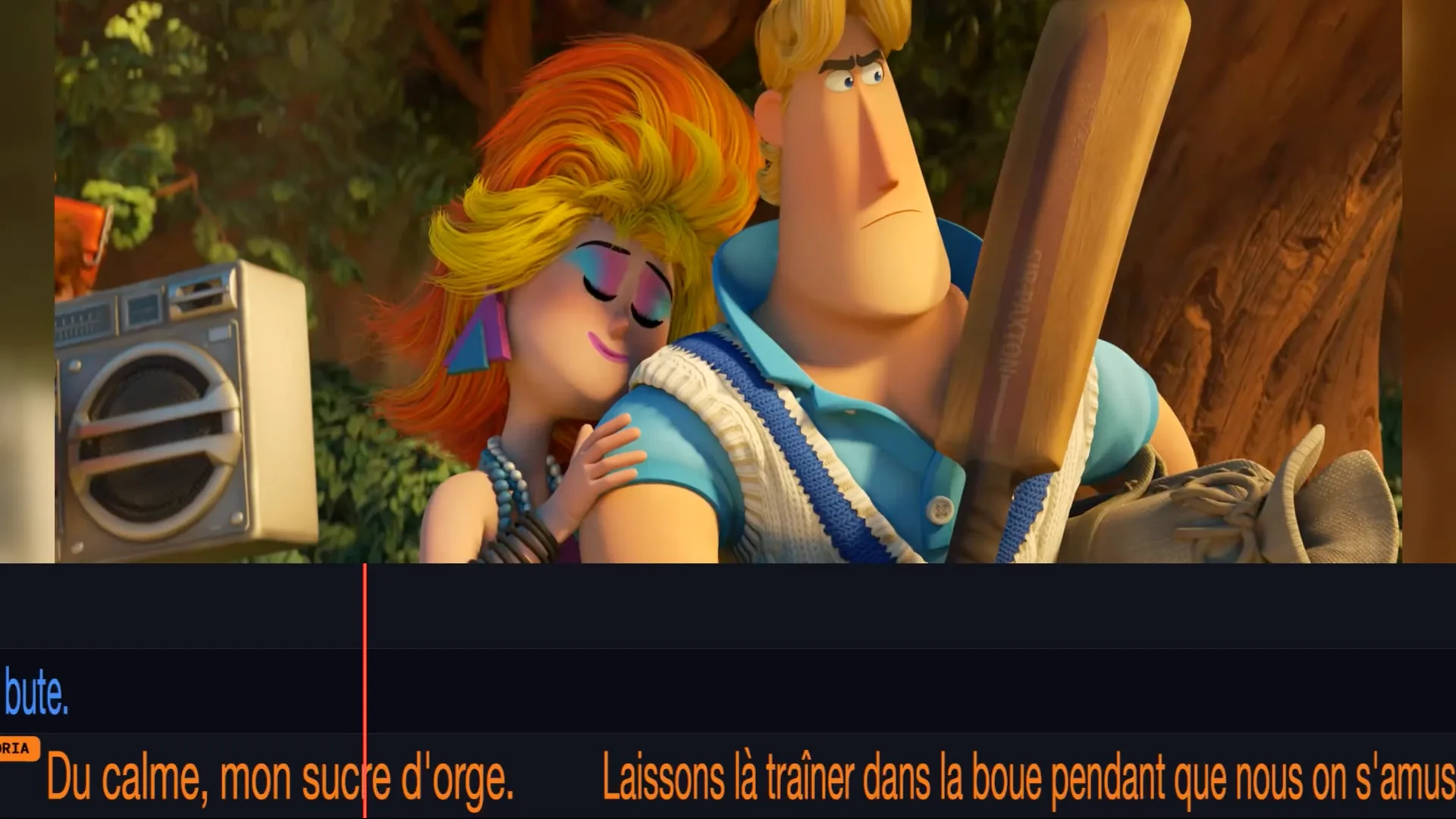 Export Synchora en paysage : la scène vidéo au-dessus de la bande rythmo, avec les dialogues colorés par personnage.
