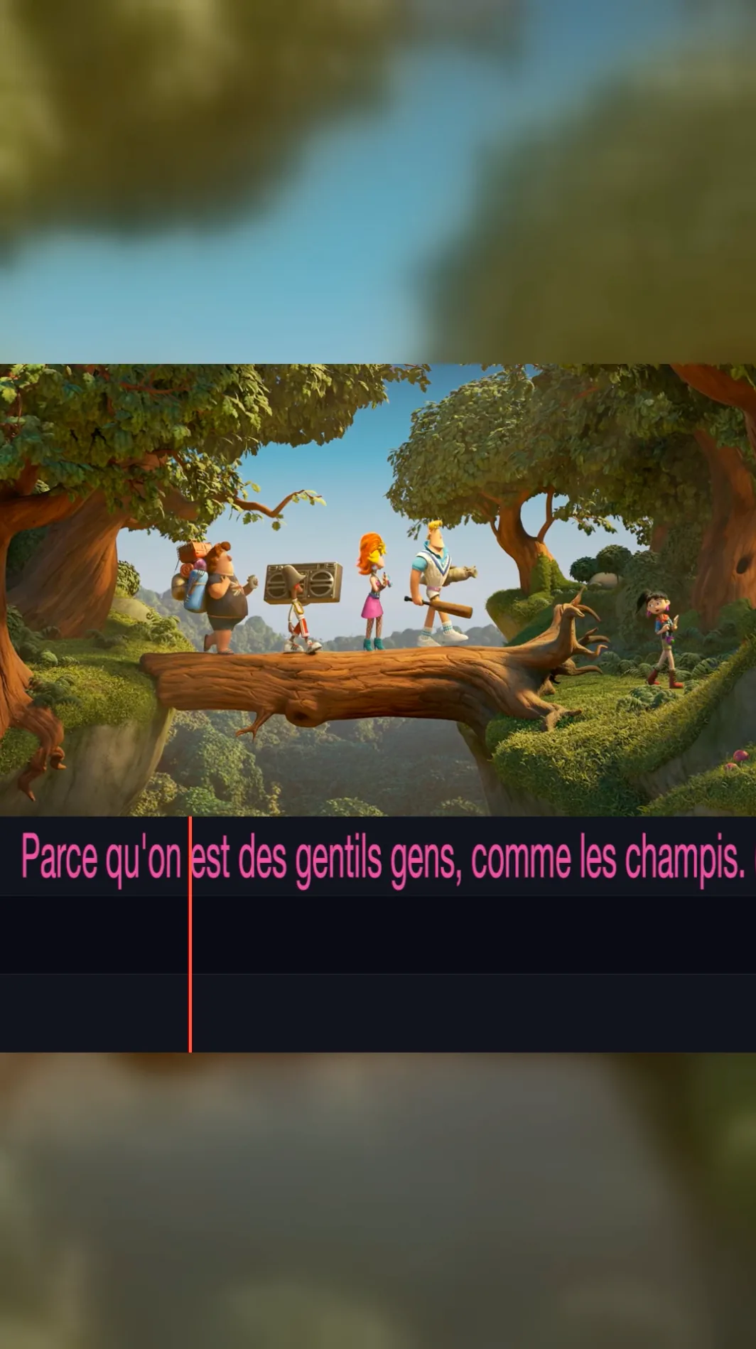 Export Synchora en vertical : la scène au centre sur un fond flouté, la bande rythmo en dessous.