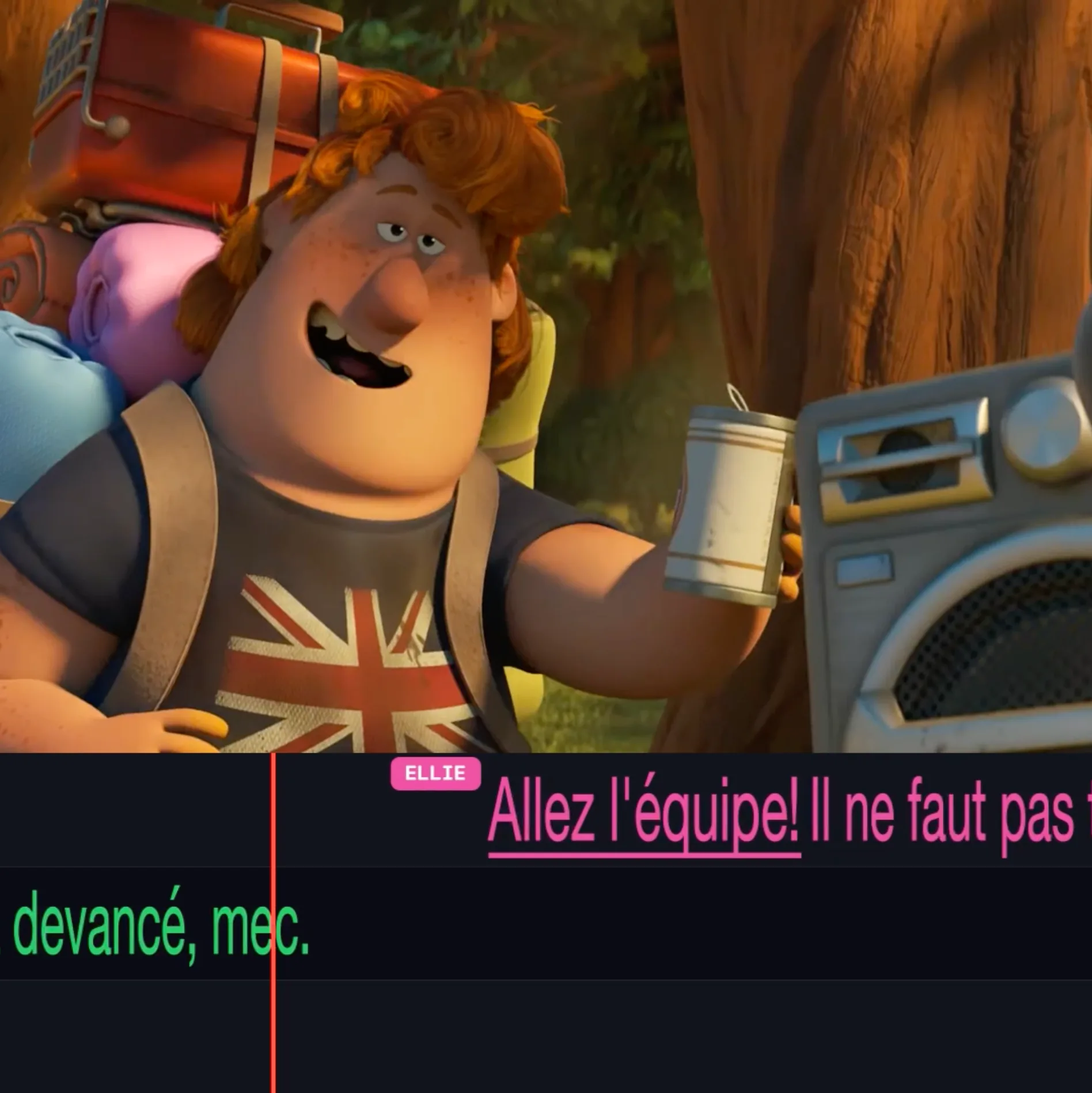 Export Synchora au format carré : la scène recadrée au-dessus de deux pistes de bande rythmo.