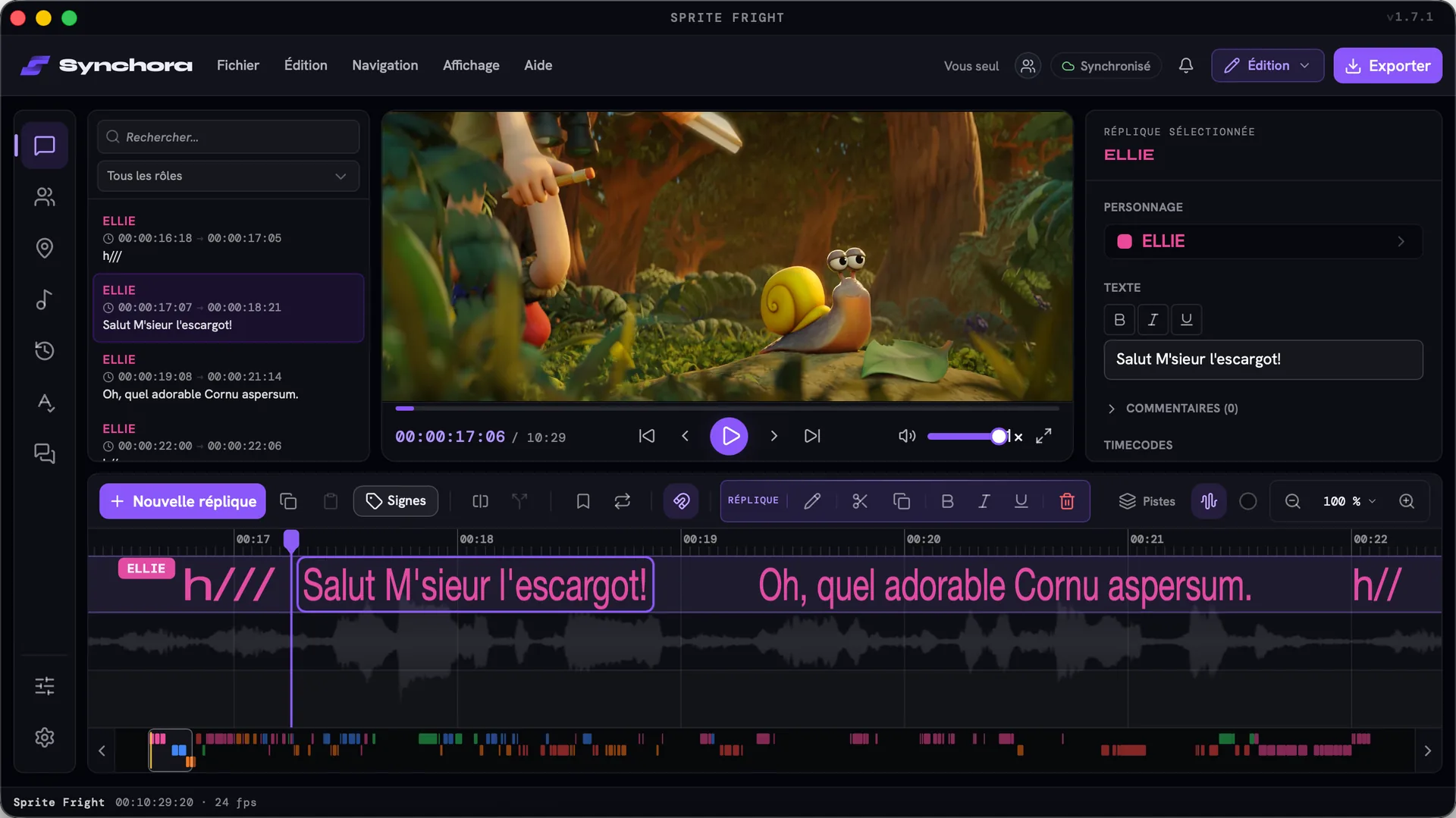 Éditeur Synchora : vidéo, réplique sélectionnée avec ses timecodes et dialogues par rôle dans la timeline.